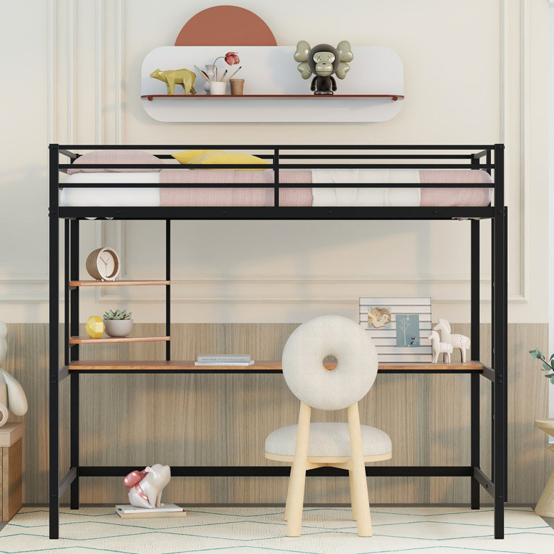 Lit mezzanine en métal avec bureau et tablette intégrés, conception fonctionnelle et peu encombrante pour la chambre à coucher