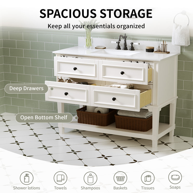 48" Fully Assembled Single Bathroom Vanity with 4 Drawers, Shelf and Engineered Marble Top,White, White