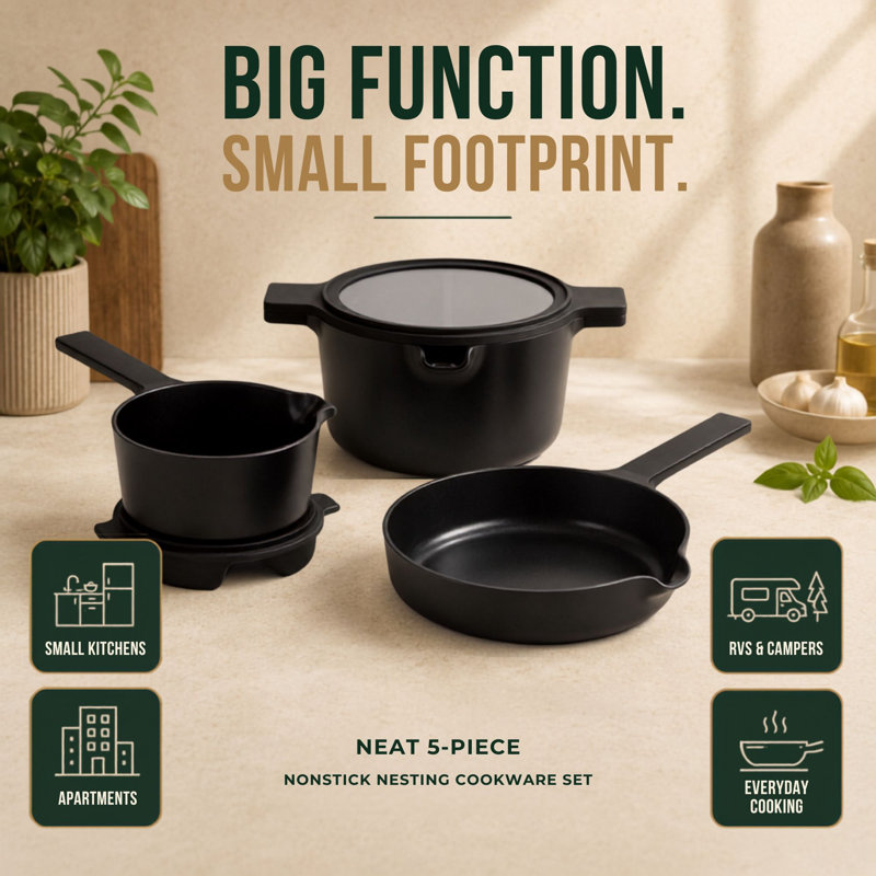 Alva Neat 5-Piece Stackable Cookware Set, Matte Black