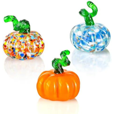3 Pcs Hand Blown Glass Mini Pumpkin Decorations - Halloween & Thanksgiving Ornament, Fall Harvest & Collectible Figurines