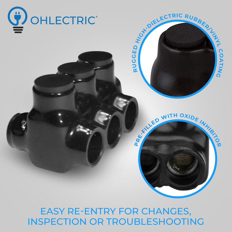 Black Insulated Multi-Cable Connector, 3/0-6 Wire Range, Dual Side Entry - 3 Port
