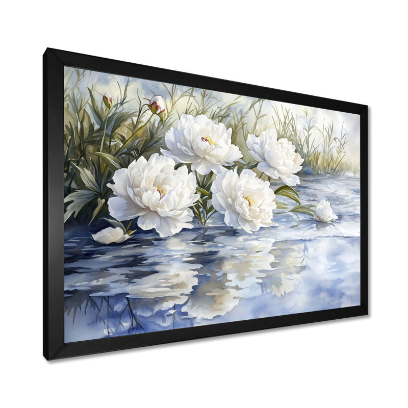 Olinger, pivoines blanches par l'étang gelé I - pivoines, art mural sur toile, Reproduction encadrée d'une seule photo