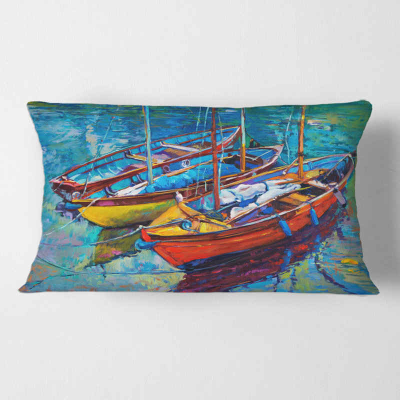 Rectangle, trois bateaux dans le port - Coussin décoratif imprimé nautique et côtier