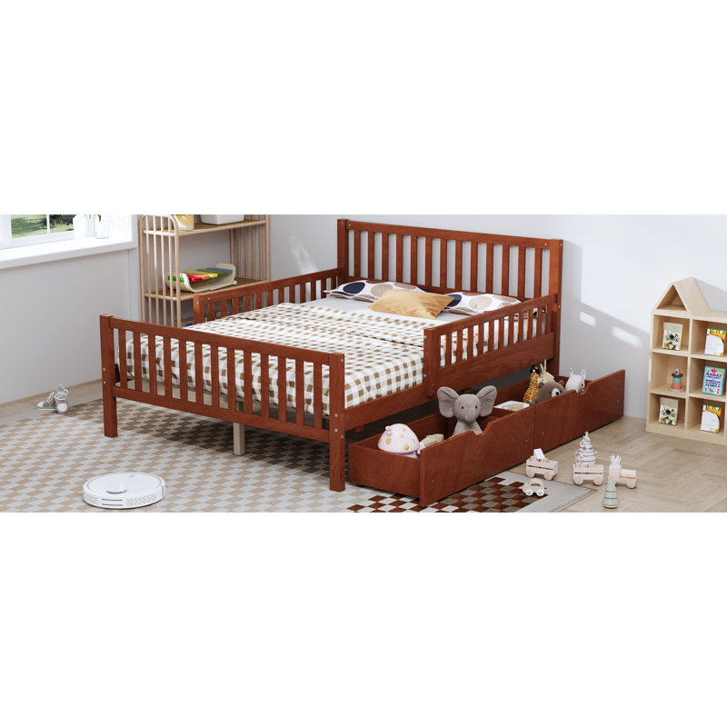 Lit plateforme en bois de noyer pleine grandeur avec garde-corps et deux tiroirs pour le rangement de la chambre à coucher, finition lisse, stabilité à 8 lattes avec les deux tiroirs de rangement latéraux, contreplaqué robuste, sommeil sécuritaire et confortable