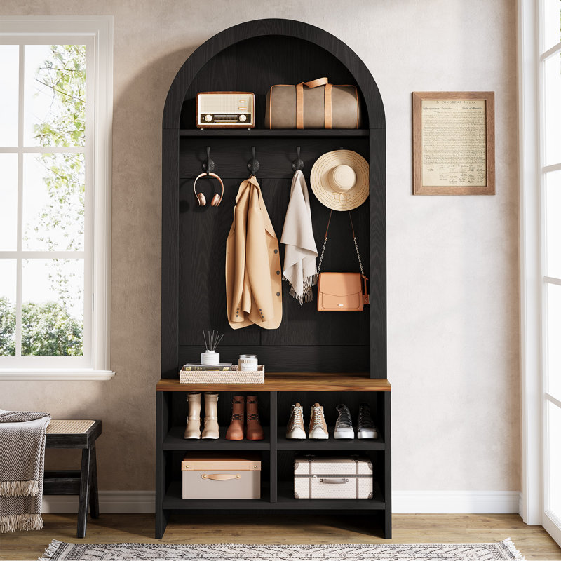 70.87" Hall Tree with Shoe Storage Bench, Arched Coat Rack with 4 Hooks & 4 Shoe Cubbies, for Mudroom, Entryway, Rustic Brown