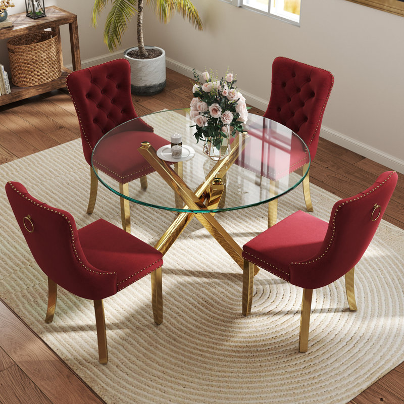 Ensemble de table de salle à manger 5 pièces, H 29,5 po x L 39 po x l 39 po, Bourgogne / Doré, Or