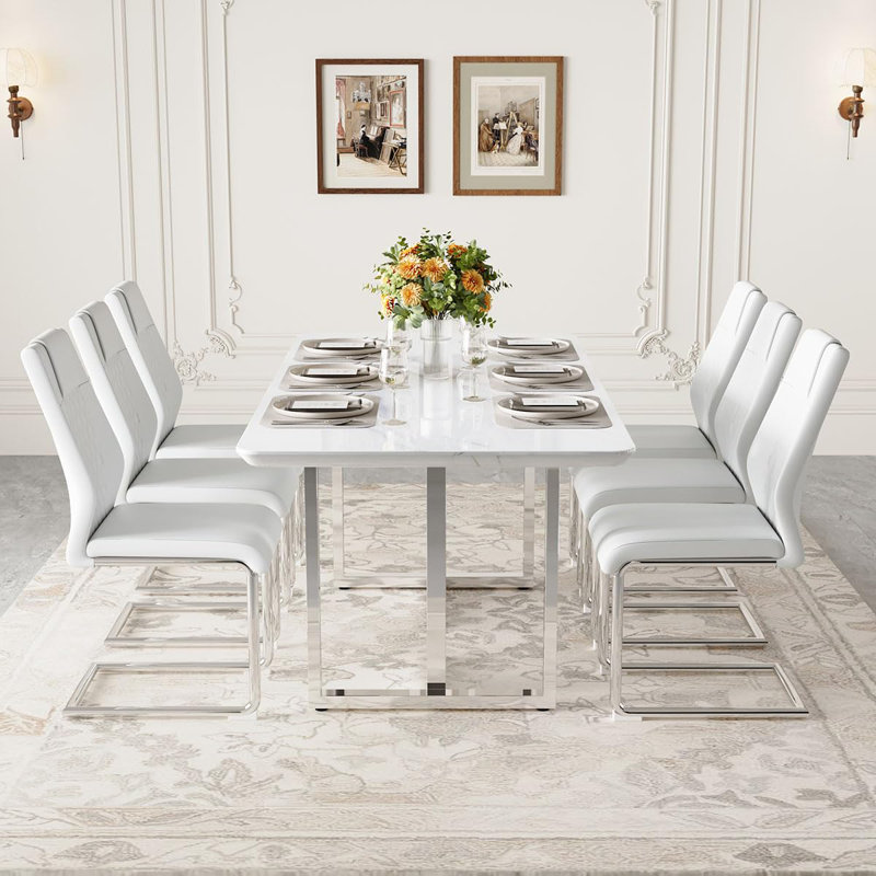 Ensemble de table de salle à manger blanc pour 6 personnes, ensemble de table de salle à manger de 63 po avec pieds chromés, ensemble de 6 tables de cuisine modernes et chaises pour la salle à manger, structure très brillante et robuste