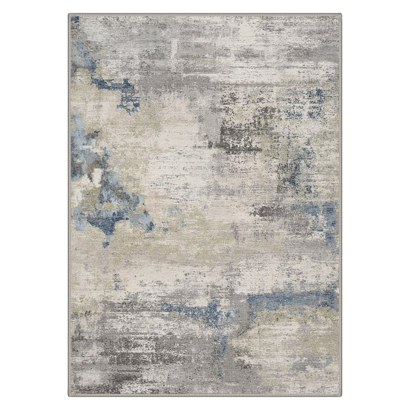Mignone Abstract Watercolor Wash Machine Washable Dusty Azure Indoor Area Rug With Non-Slip Backing, Rectangle 9' x 12'