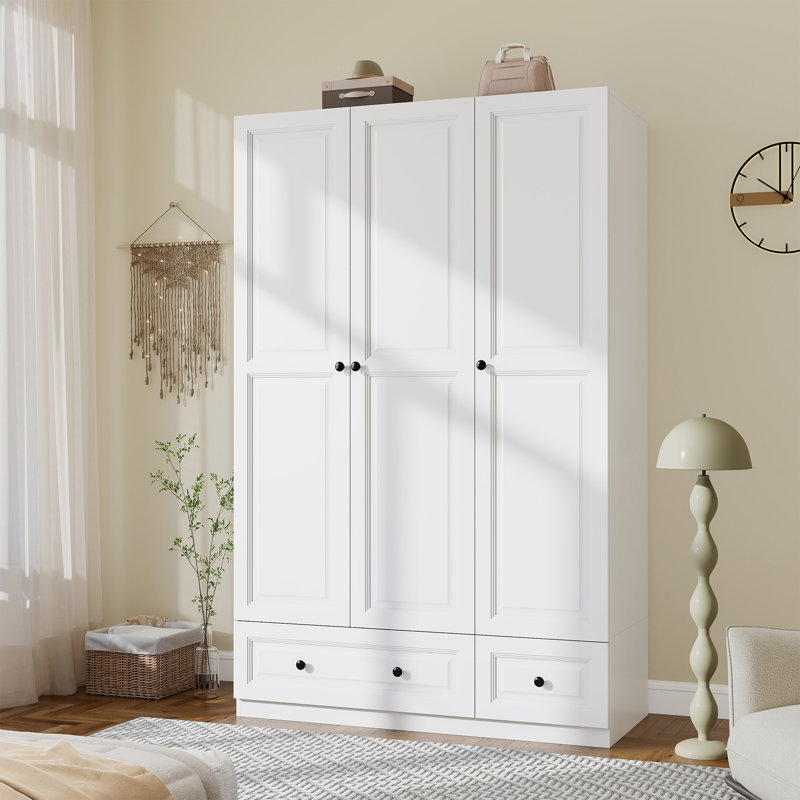 Armoire penderie 74 po avec 2 tiroirs et 2 tablettes, Blanc