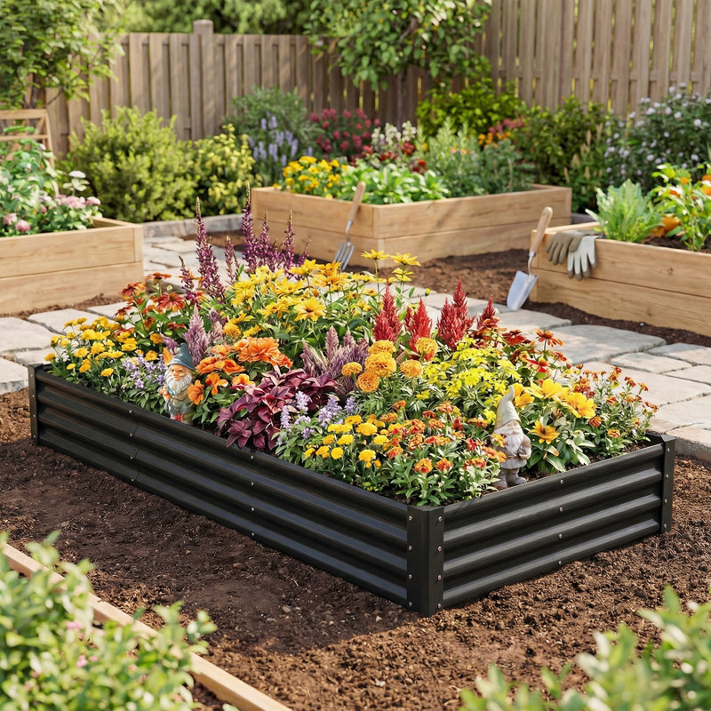 Lit de jardin surélevé galvanisé 8 x 4 x 1 pi, fond ouvert, noir, H 11,8 po x l 94,5 po x P 47,2 po, Noir