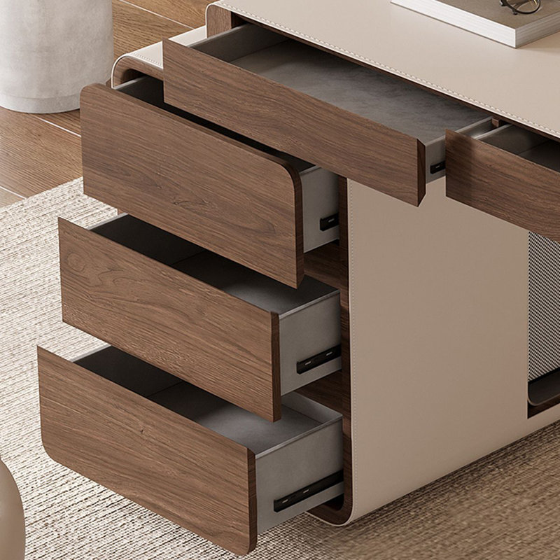 Bureau rectangulaire en bois manufacturé beige et brun noisette avec 6 tiroirs, H 30,31 po x l 62,99 po x P 23,62 po