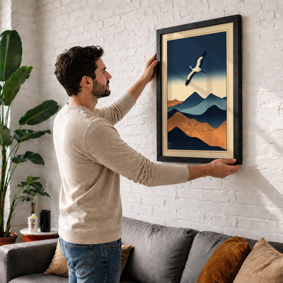 Bird Above Mountains Japandi - Framed Print