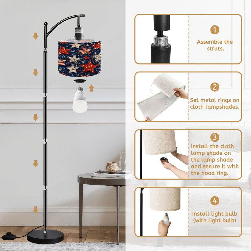  Arc Floor Lamp Patriotic Red White Blue Stars Hand Drawn Stripes Doodles Tall Modern Standing Lamp LED Adjustable Linen Lampshade 3 Color Temperatures
