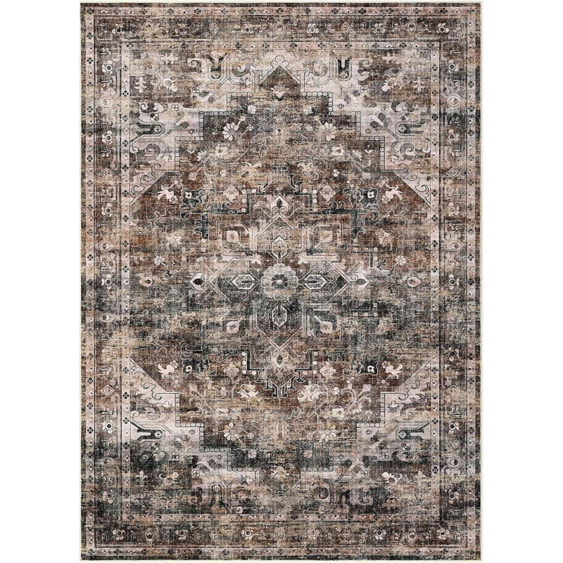 5x7 Vintage Washable Area Rug for Living Room, Non-Slip, Stain-Resistant, Low Pile Carpet for Bedroom, Dining Room, Blue & Brown, Indoor, Large.