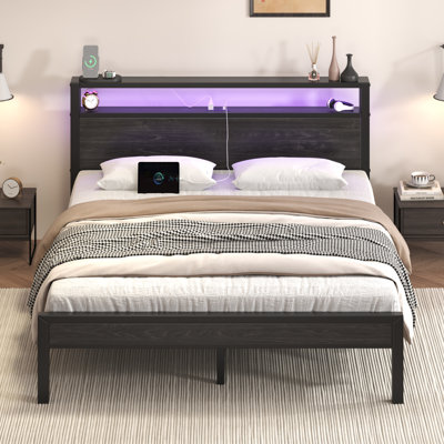 Queen Metal Platform Bed with 2-tier shelves, RGB LED Light, Charging Station, Easy Assembly, Black