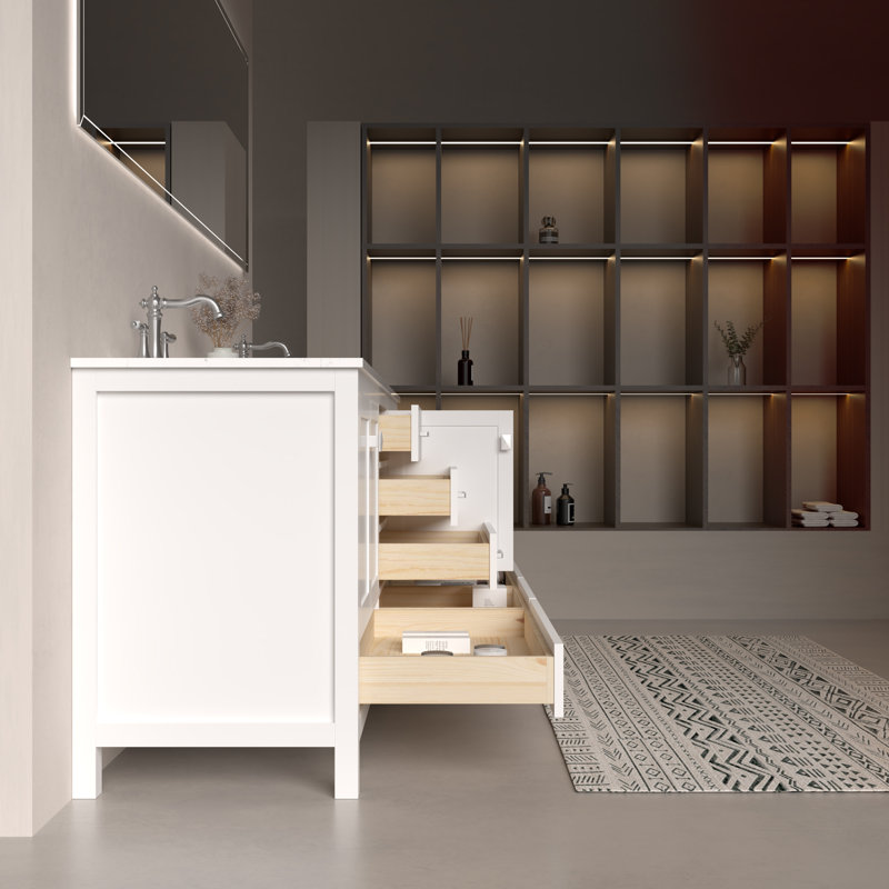 Meuble-lavabo double Romio de 84 pouces avec comptoir en pierre composite blanche de Carrare