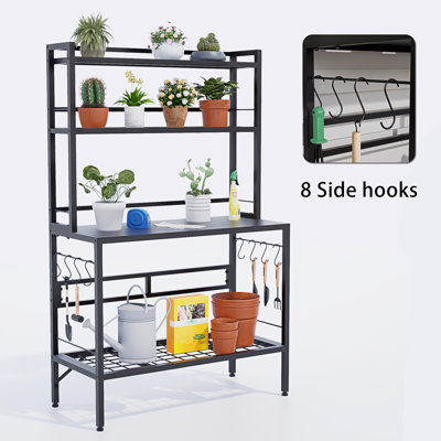 63" H Outdoor Metal Garden Potting Bench&table With Metal Tabletop, 4-tier Plant Shelf Rack, 8 Side Hooks, Outdoor/indoor Gardening Workstation And Plant Stand
