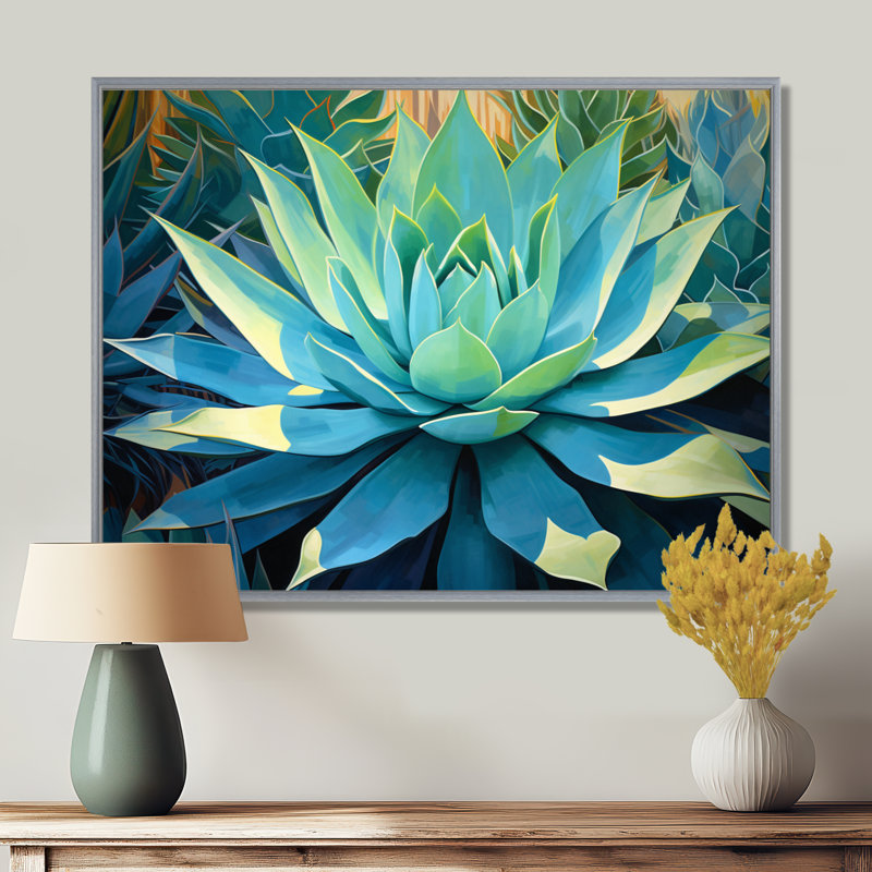 «Green Succulents Majestic Agave II - Succulent», art mural, H 16 po x l 32 po x P 1 po, Encadrement argenté