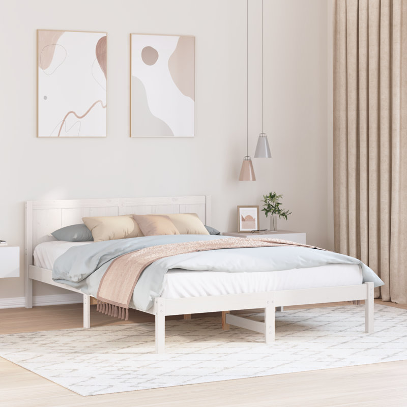 Bed Frame with Headboard Solid Pine Wood, European Kingsize (160 x 200 cm), White