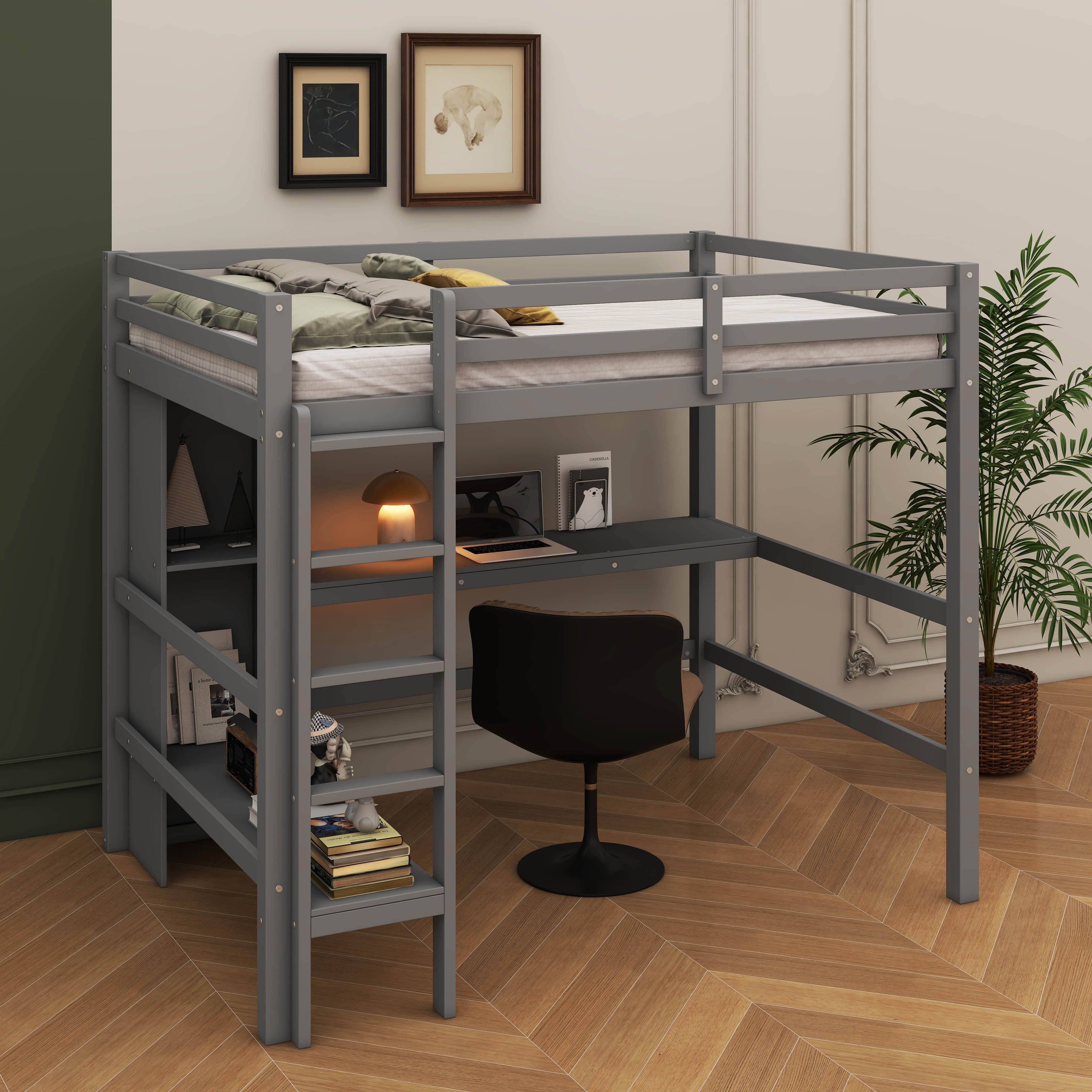 Latitude Run® Full-Size Wooden Loft Bed With Under-Bed Workspace