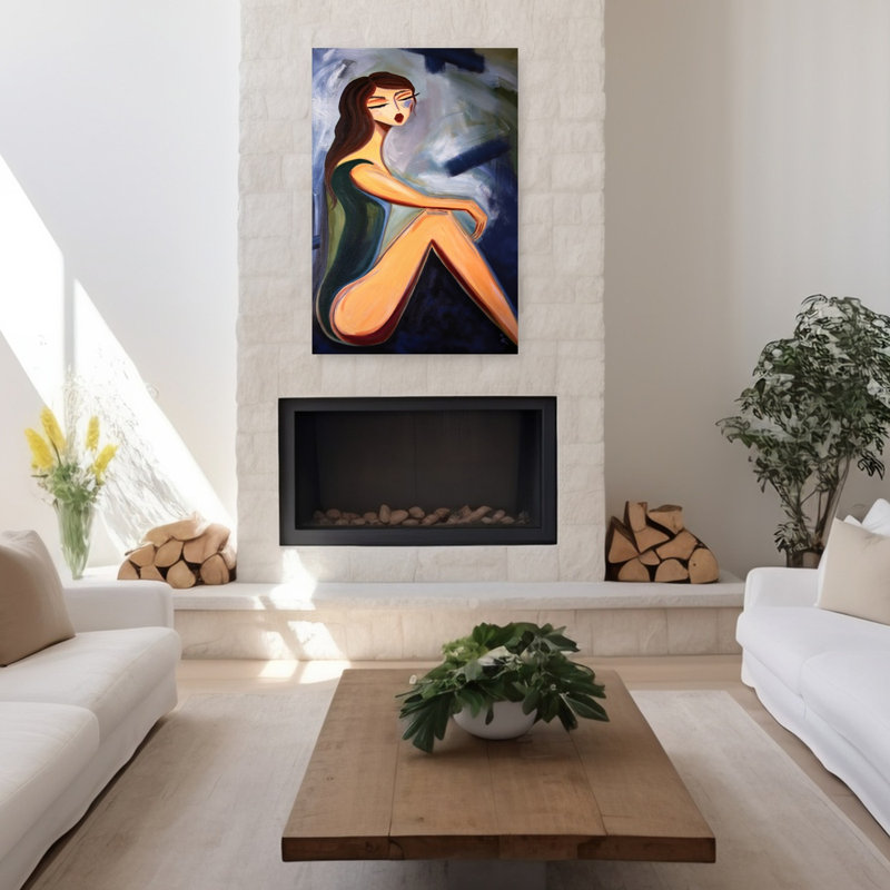 Reproduction d'art mural pensif abstrait femme rêveuse assise, 48" H x 32" W