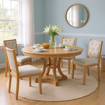 Extendable Round Dining Table Set with Solid Wood Base and 4 Upholstered Chairs, Vintage Finish by George Oliver