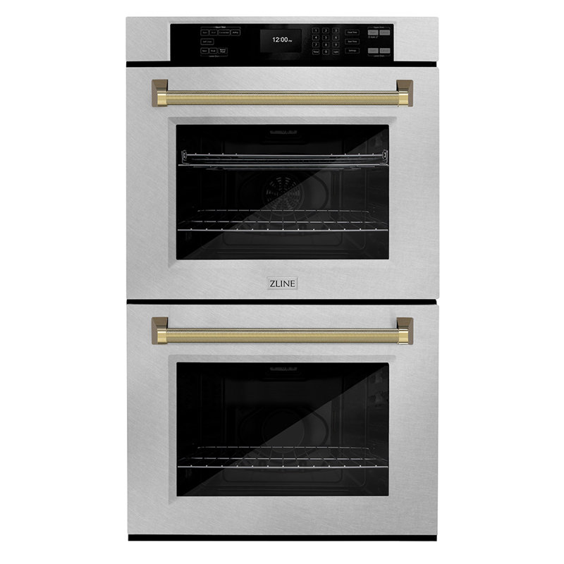 ZLINE Autograph 30 in. True Convection Double Wall Oven in Satin Steel with Gold Helix Handles, Satin Stainless Steel