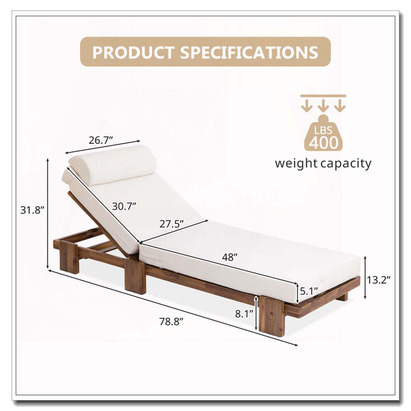 Acacia Wood Chaise Lounge Chair with Adjustable Backrest, Retractable Side Tray, and Headrest, Beige