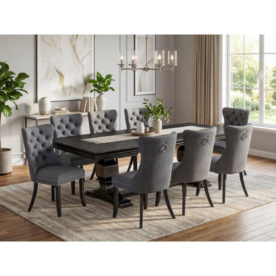Ensemble de table de salle à manger 9 pièces comprenant une table rectangulaire et 8 chaises en tissu de polyester gris platine, noir sablé