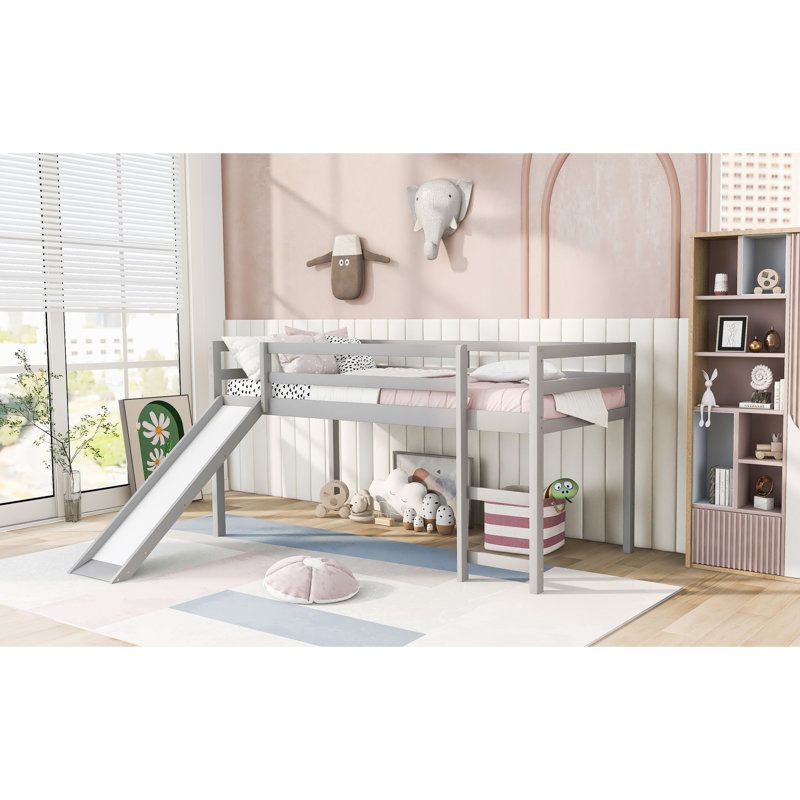 Lit mezzanine simple avec glissade, bois massif gris, stable et durable