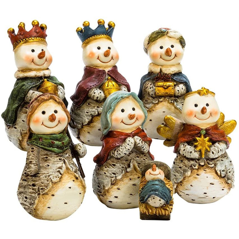 Ensemble de crèche 7 pièces bonhomme de neige en résine