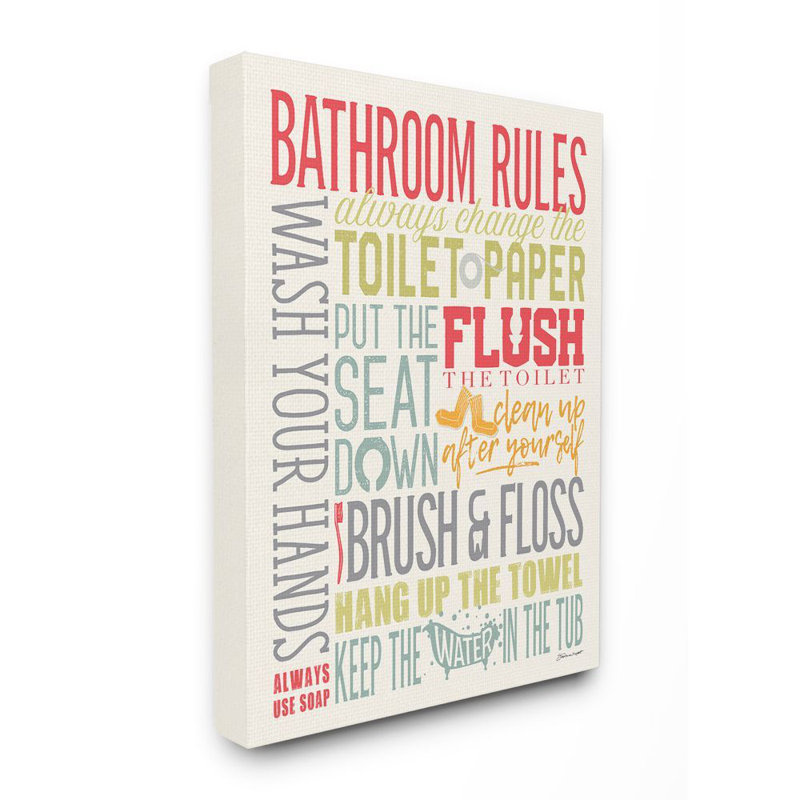 «Bathroom Rules Coral Green Grey and Blue Colorful» par Stephanie Workman Marrott - impression d'art textuel, Toile tendue