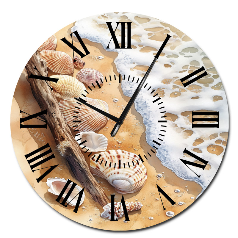 Horloge murale en métal Seashells on Sandy Shore II, Surdimensionné