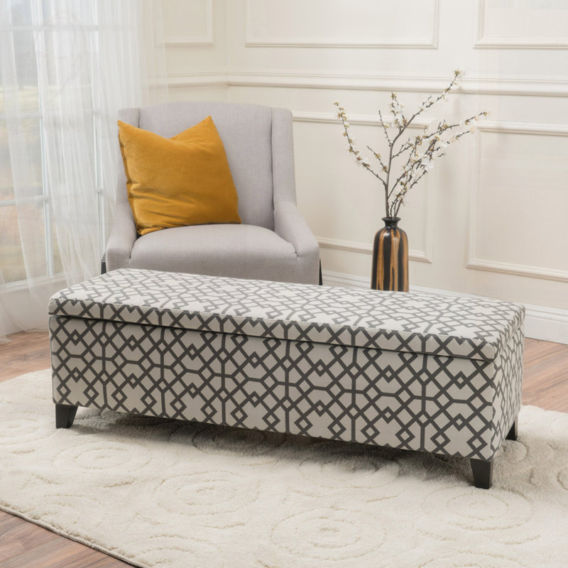 Upholstered Storage Bench, Gray Geometric