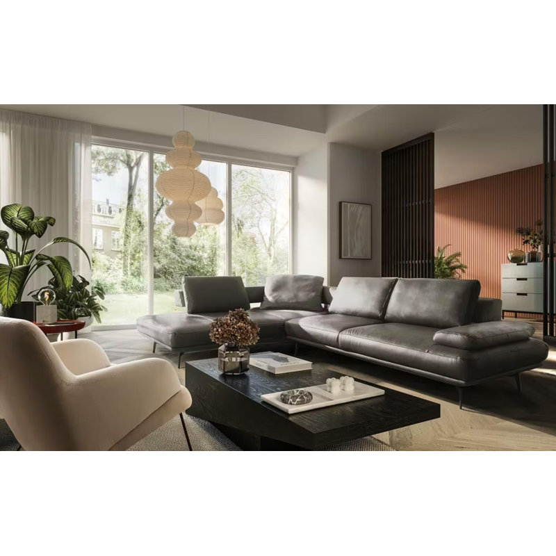 Trumansburg Power Reclining Corner Sofa in Genuine Leather, Left Hand Facing, Grey