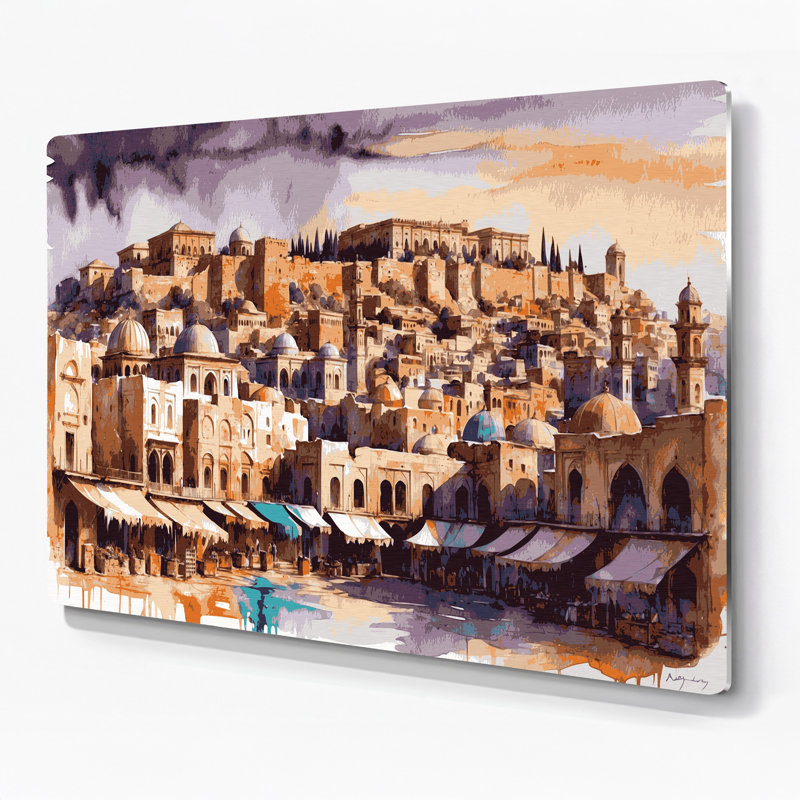 Art mural en métal Beige des cités, villes, Jordan, H 96 po x l 120 po x P 0,05 po