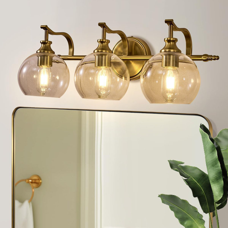 Modern Globe Clear Glass Bathroom Vanity Light Fixture with Metal Gooseneck Frame, 3, Brushed Gold