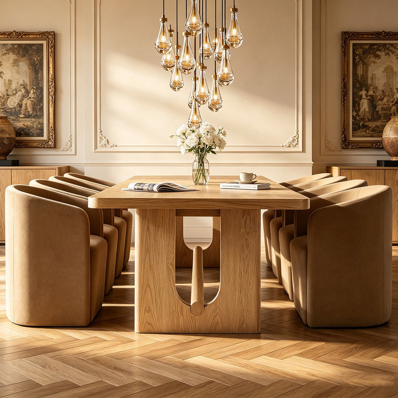 Warm Oak Rectangular Solid Trestle Dining Table, 29.53"H x 94.49"L x 35.43"W