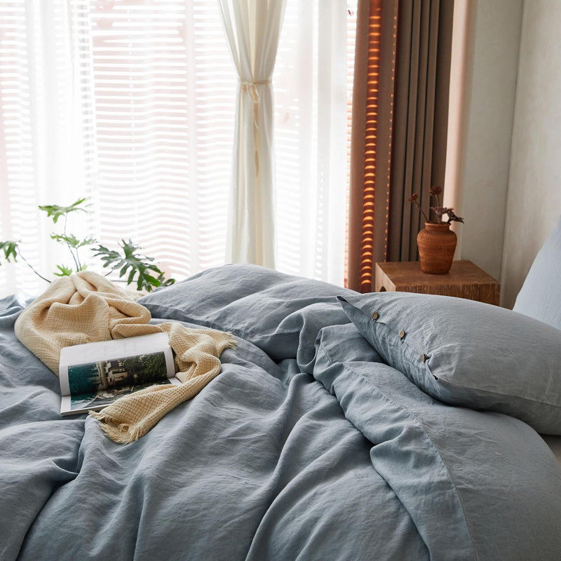 Ensemble de housse de couette 100% lin, Housse de couette pour très grand lit et 2 taies, Bleu cendré