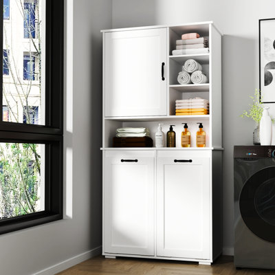 Armoire à linge à portes et tablettes - Panier inclinable, rangement spacieux, autoportant, blanc, tablettes réglables, portes de rangement autoportantes, tablette, entretien facile,