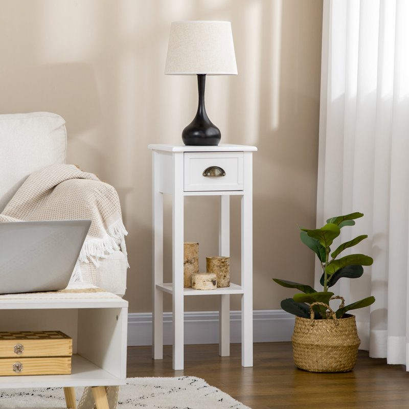Homcom 2-tier Side Table With Drawer And Bottom Shelf: Narrow End Table For Living Room Or Bedroom, White Finish
