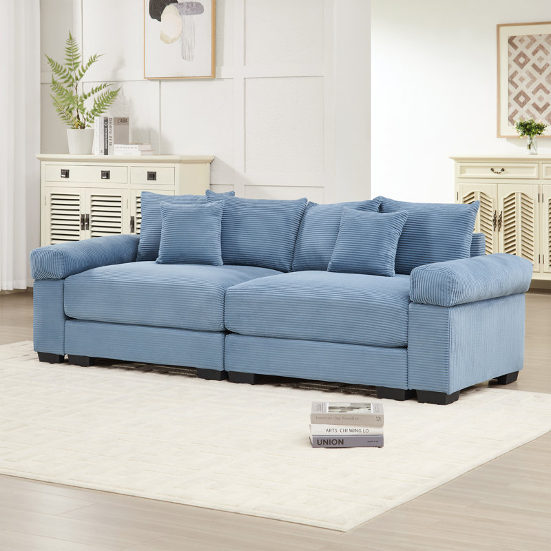 Mykala Corduroy Upholstered Sectional Sofa with Thick Armrests & Throw Pillows, Blue, 34.2'' H X 82.6'' W X 33.8'' D
