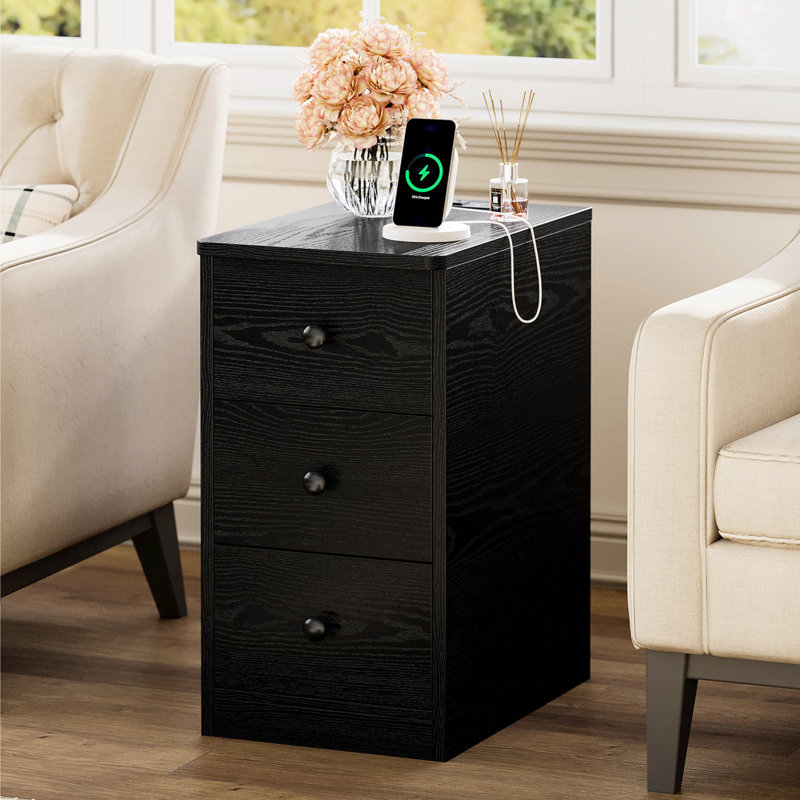 Table de chevet étroite moderne avec station de recharge - Rangement à 3 tiroirs, Noir