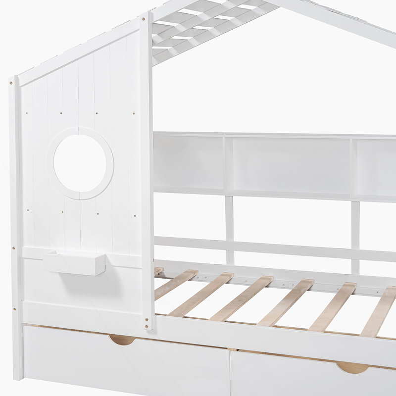 Lit simple en bois avec 2 tiroirs, lit pour enfant avec tablette de rangement, gris, Blanc