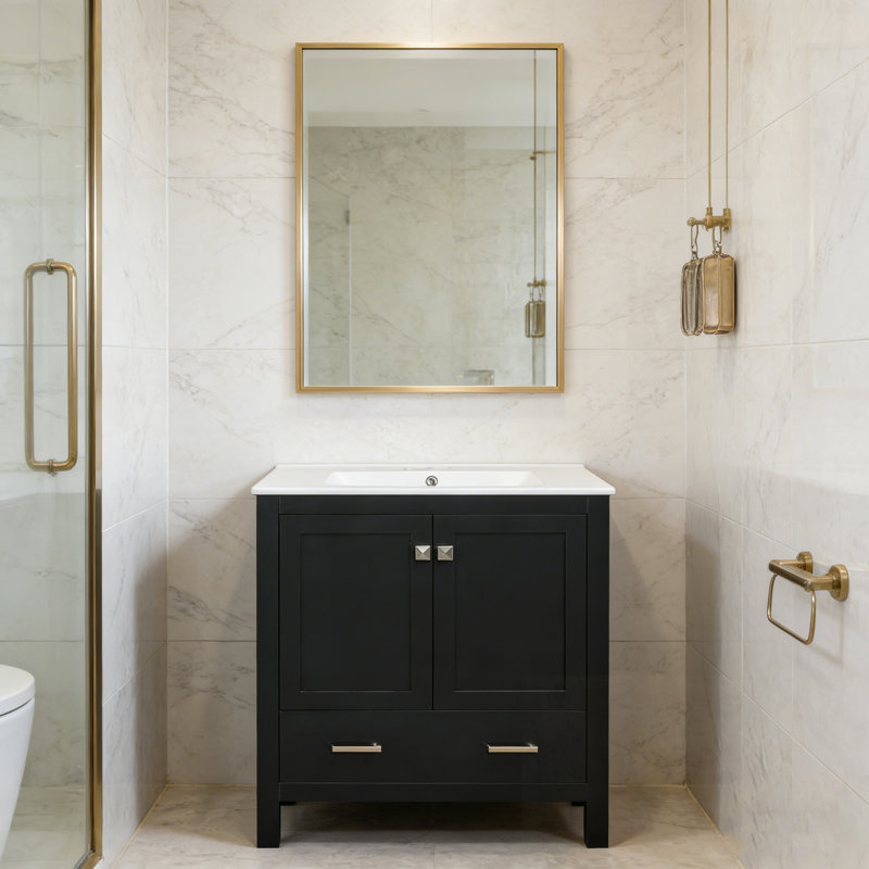 Meuble-lavabo de salle de bain avec lavabo simple, 2 portes et un tiroir, Noir