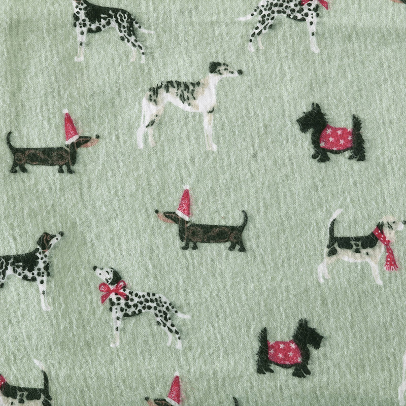 Brushed Cotton Flannel Sheet Set, King Sheet Set with 2 Pillowcases, Holiday Pups Green