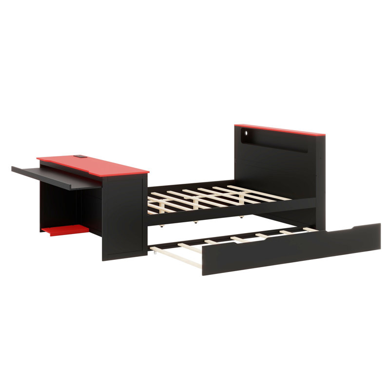 Modern Wood Daybed with Trundle & Integrated Desk - LED Light + USB Charging, Black+Red, Full / Double