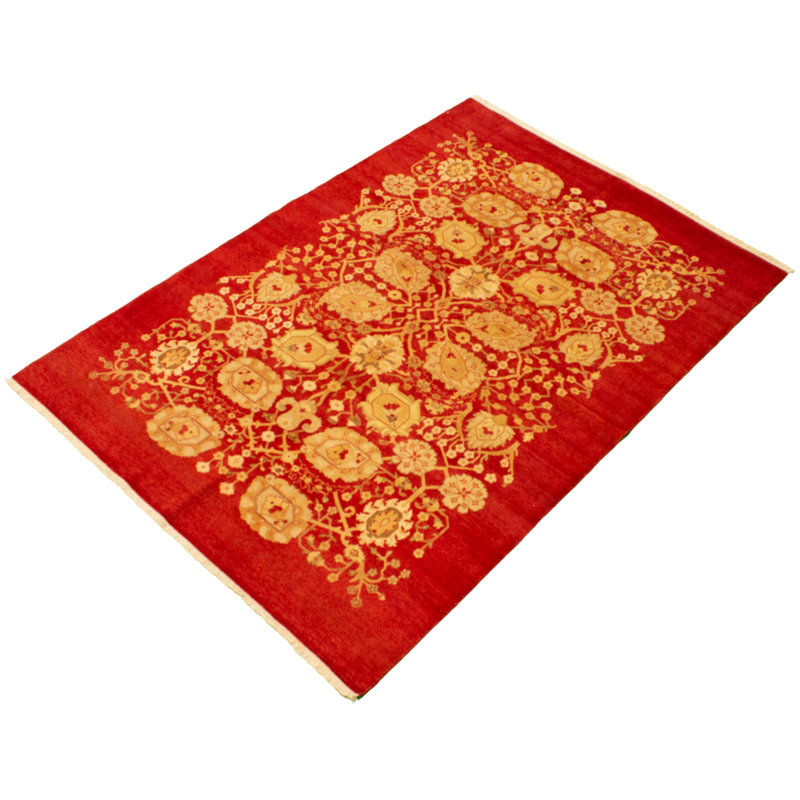 Tapis rouge en laine nouée à la main de conception unique 6 pi x 8 pi 7 po nouvel âge Yaak