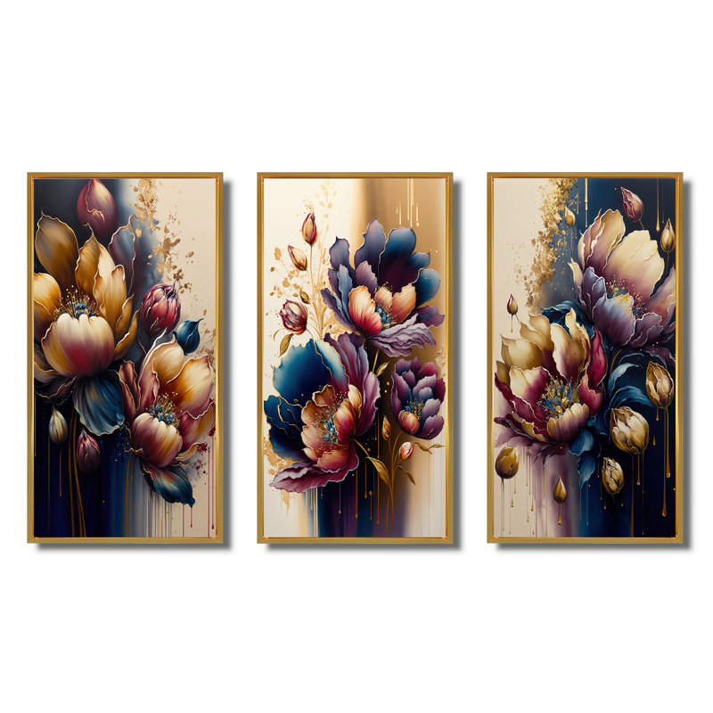 «Night Shade Tulip Design», 3 pièces sur toile, Or, H 20 po x l 36 po