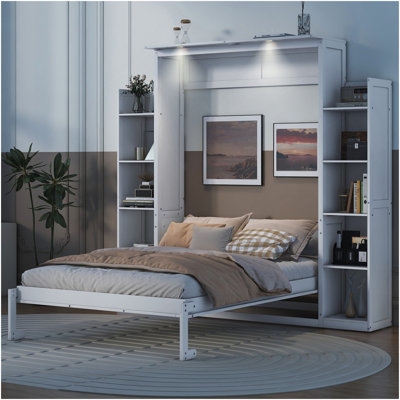 Lit escamotable double pleine grandeur avec tablettes et lumières DEL, blanc